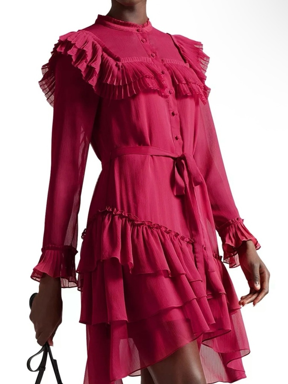 Ted Baker London Fuchsia Ruffled chiffon Long-Sleeve Tie-Waist Dress $325
